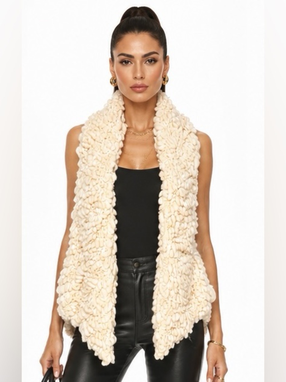 Miha Vintage Y2K Ivory Loop Knit Sweater Vest Suede Back Waterfall Open Front